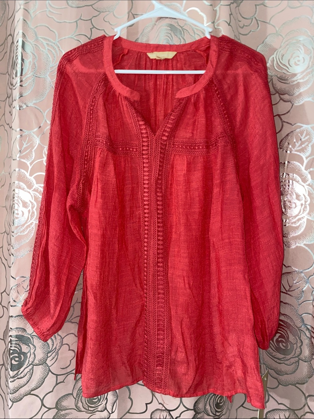 NWT Hope & Harlow Coral Red Crochet Lace Boho Peasant Blouse Top Maui Rose